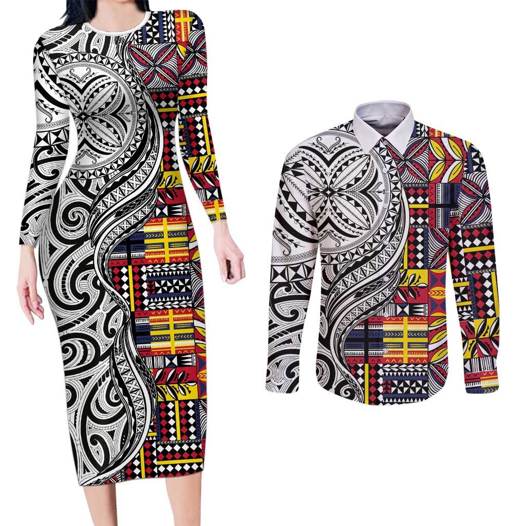 Niue Hiapo and Maori Decoration Tattoos Couples Matching Long Sleeve Bodycon Dress and Long Sleeve Button Shirt LT03 White - Polynesian Pride