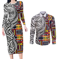 Niue Hiapo and Maori Decoration Tattoos Couples Matching Long Sleeve Bodycon Dress and Long Sleeve Button Shirt LT03 White - Polynesian Pride