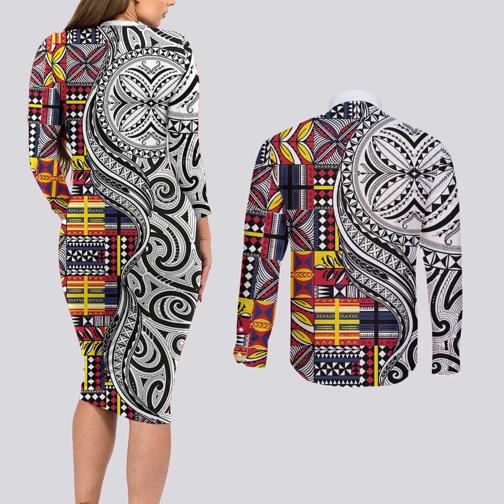 Niue Hiapo and Maori Decoration Tattoos Couples Matching Long Sleeve Bodycon Dress and Long Sleeve Button Shirt LT03 - Polynesian Pride