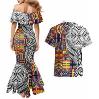 Niue Hiapo and Maori Decoration Tattoos Couples Matching Mermaid Dress and Hawaiian Shirt LT03 - Polynesian Pride