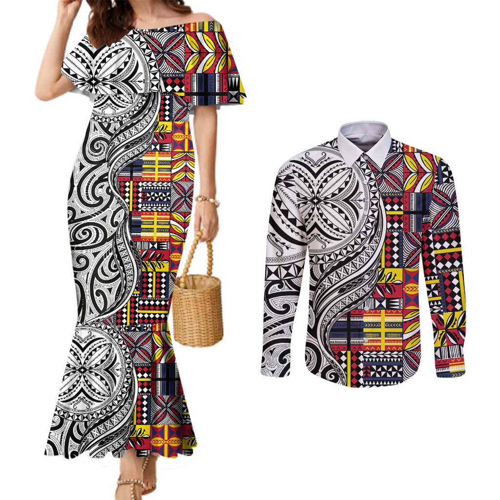 Niue Hiapo and Maori Decoration Tattoos Couples Matching Mermaid Dress and Long Sleeve Button Shirt LT03 White - Polynesian Pride