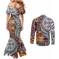 Niue Hiapo and Maori Decoration Tattoos Couples Matching Mermaid Dress and Long Sleeve Button Shirt LT03 - Polynesian Pride