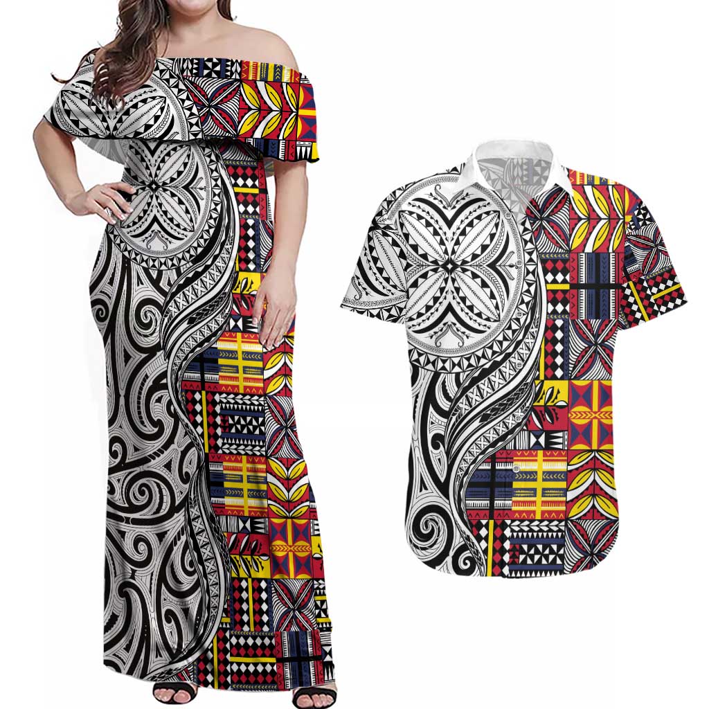 Niue Hiapo and Maori Decoration Tattoos Couples Matching Off Shoulder Maxi Dress and Hawaiian Shirt LT03 White - Polynesian Pride