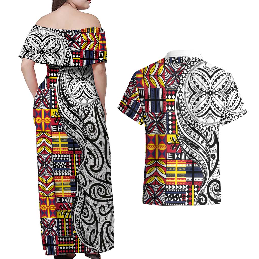 Niue Hiapo and Maori Decoration Tattoos Couples Matching Off Shoulder Maxi Dress and Hawaiian Shirt LT03 - Polynesian Pride