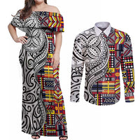 Niue Hiapo and Maori Decoration Tattoos Couples Matching Off Shoulder Maxi Dress and Long Sleeve Button Shirt LT03 White - Polynesian Pride
