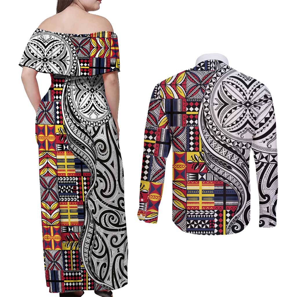 Niue Hiapo and Maori Decoration Tattoos Couples Matching Off Shoulder Maxi Dress and Long Sleeve Button Shirt LT03 - Polynesian Pride