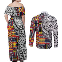 Niue Hiapo and Maori Decoration Tattoos Couples Matching Off Shoulder Maxi Dress and Long Sleeve Button Shirt LT03 - Polynesian Pride