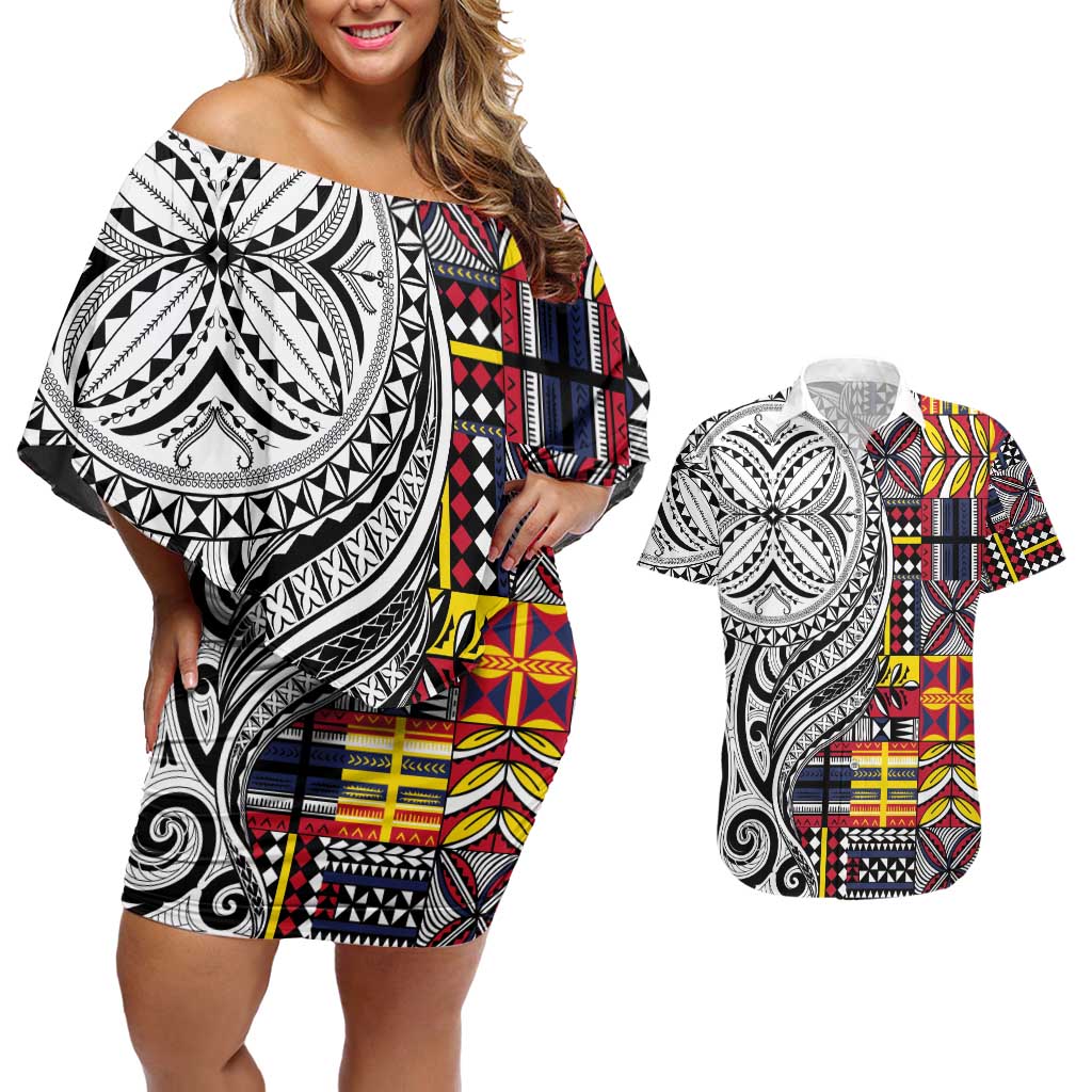 Niue Hiapo and Maori Decoration Tattoos Couples Matching Off Shoulder Short Dress and Hawaiian Shirt LT03 White - Polynesian Pride