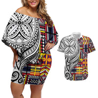 Niue Hiapo and Maori Decoration Tattoos Couples Matching Off Shoulder Short Dress and Hawaiian Shirt LT03 White - Polynesian Pride