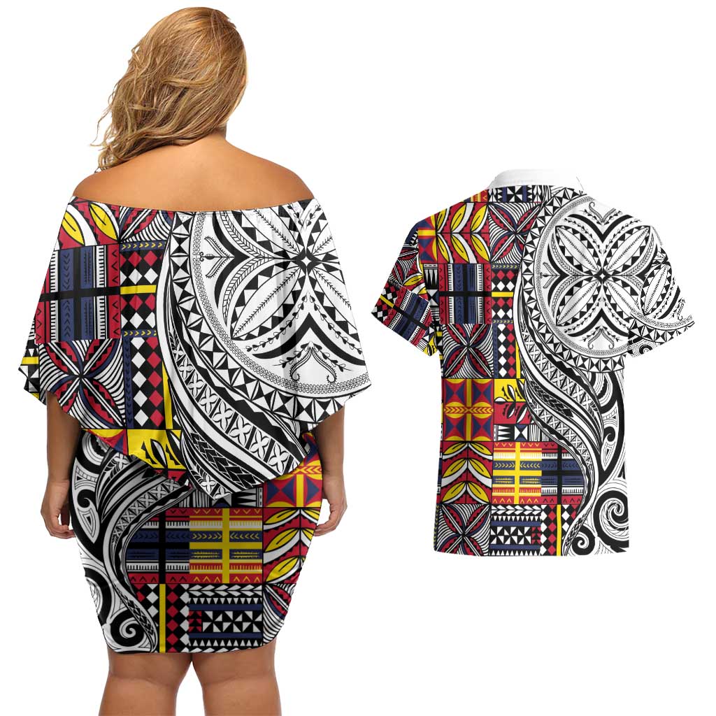 Niue Hiapo and Maori Decoration Tattoos Couples Matching Off Shoulder Short Dress and Hawaiian Shirt LT03 - Polynesian Pride