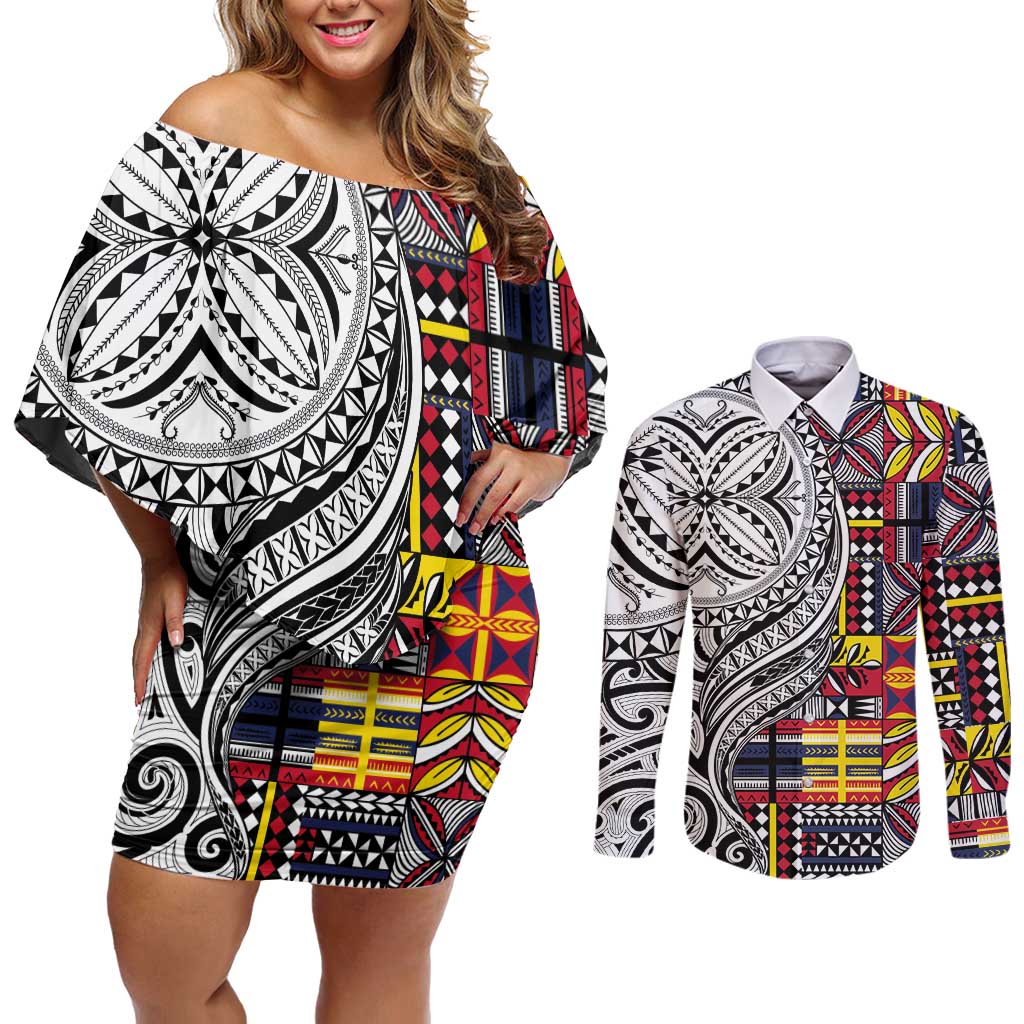 Niue Hiapo and Maori Decoration Tattoos Couples Matching Off Shoulder Short Dress and Long Sleeve Button Shirt LT03 White - Polynesian Pride