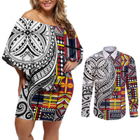 Niue Hiapo and Maori Decoration Tattoos Couples Matching Off Shoulder Short Dress and Long Sleeve Button Shirt LT03 White - Polynesian Pride