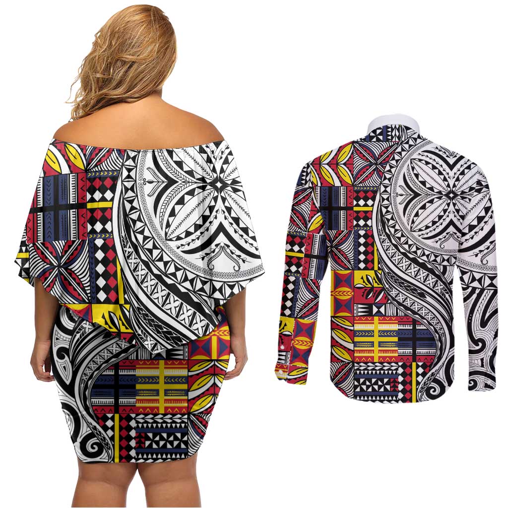 Niue Hiapo and Maori Decoration Tattoos Couples Matching Off Shoulder Short Dress and Long Sleeve Button Shirt LT03 - Polynesian Pride