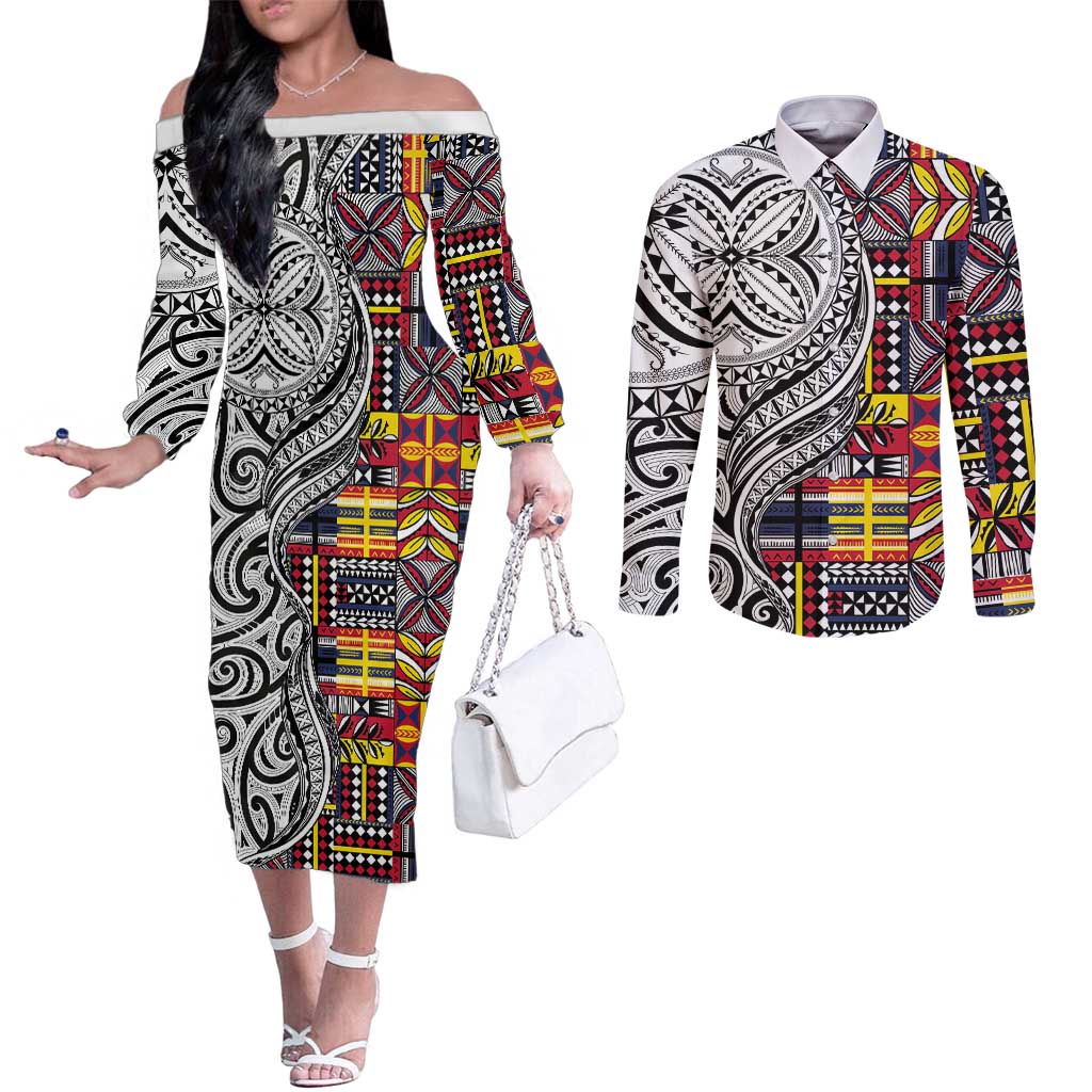 Niue Hiapo and Maori Decoration Tattoos Couples Matching Off The Shoulder Long Sleeve Dress and Long Sleeve Button Shirt LT03 White - Polynesian Pride