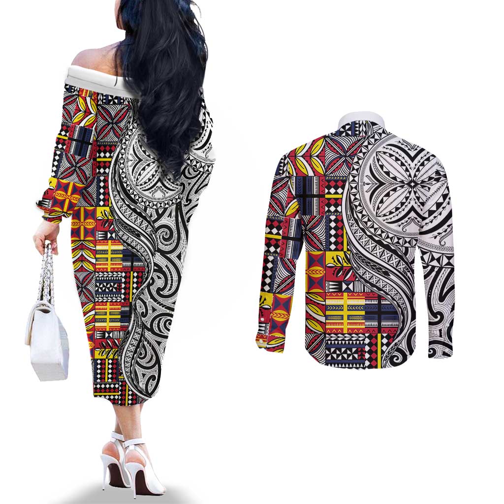Niue Hiapo and Maori Decoration Tattoos Couples Matching Off The Shoulder Long Sleeve Dress and Long Sleeve Button Shirt LT03 - Polynesian Pride