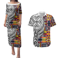 Niue Hiapo and Maori Decoration Tattoos Couples Matching Puletasi and Hawaiian Shirt LT03 White - Polynesian Pride