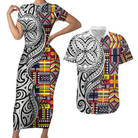 Niue Hiapo and Maori Decoration Tattoos Couples Matching Short Sleeve Bodycon Dress and Hawaiian Shirt LT03 White - Polynesian Pride
