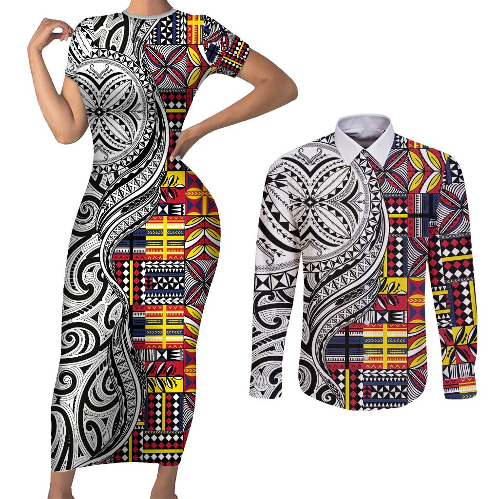 Niue Hiapo and Maori Decoration Tattoos Couples Matching Short Sleeve Bodycon Dress and Long Sleeve Button Shirt LT03 White - Polynesian Pride