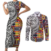 Niue Hiapo and Maori Decoration Tattoos Couples Matching Short Sleeve Bodycon Dress and Long Sleeve Button Shirt LT03 White - Polynesian Pride