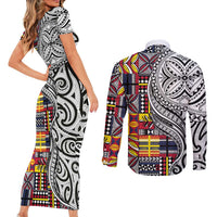 Niue Hiapo and Maori Decoration Tattoos Couples Matching Short Sleeve Bodycon Dress and Long Sleeve Button Shirt LT03 - Polynesian Pride