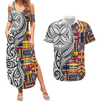 Niue Hiapo and Maori Decoration Tattoos Couples Matching Summer Maxi Dress and Hawaiian Shirt LT03 White - Polynesian Pride