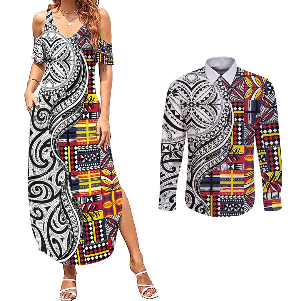 Niue Hiapo and Maori Decoration Tattoos Couples Matching Summer Maxi Dress and Long Sleeve Button Shirt LT03 White - Polynesian Pride