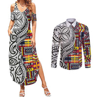 Niue Hiapo and Maori Decoration Tattoos Couples Matching Summer Maxi Dress and Long Sleeve Button Shirt LT03 White - Polynesian Pride