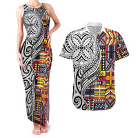 Niue Hiapo and Maori Decoration Tattoos Couples Matching Tank Maxi Dress and Hawaiian Shirt LT03 White - Polynesian Pride