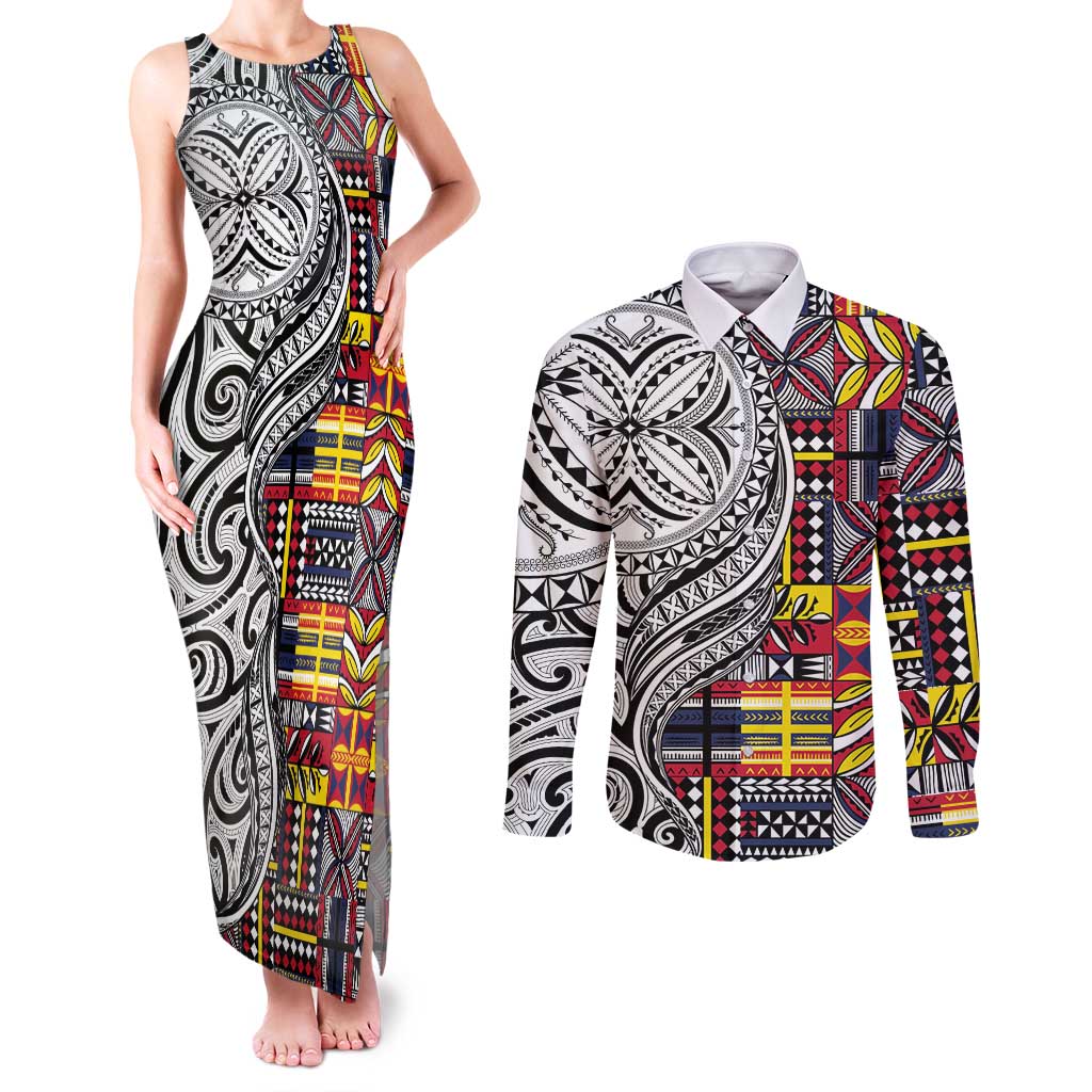 Niue Hiapo and Maori Decoration Tattoos Couples Matching Tank Maxi Dress and Long Sleeve Button Shirt LT03 White - Polynesian Pride