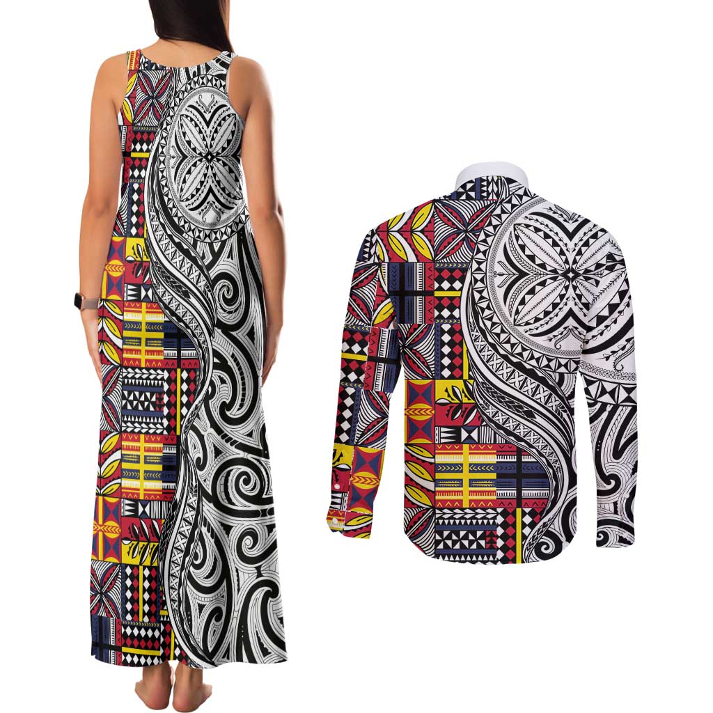Niue Hiapo and Maori Decoration Tattoos Couples Matching Tank Maxi Dress and Long Sleeve Button Shirt LT03 - Polynesian Pride