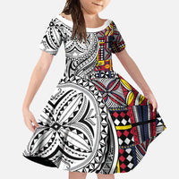 Niue Hiapo and Maori Decoration Tattoos Family Matching Long Sleeve Bodycon Dress and Hawaiian Shirt LT03 Daughter's Dress White - Polynesian Pride