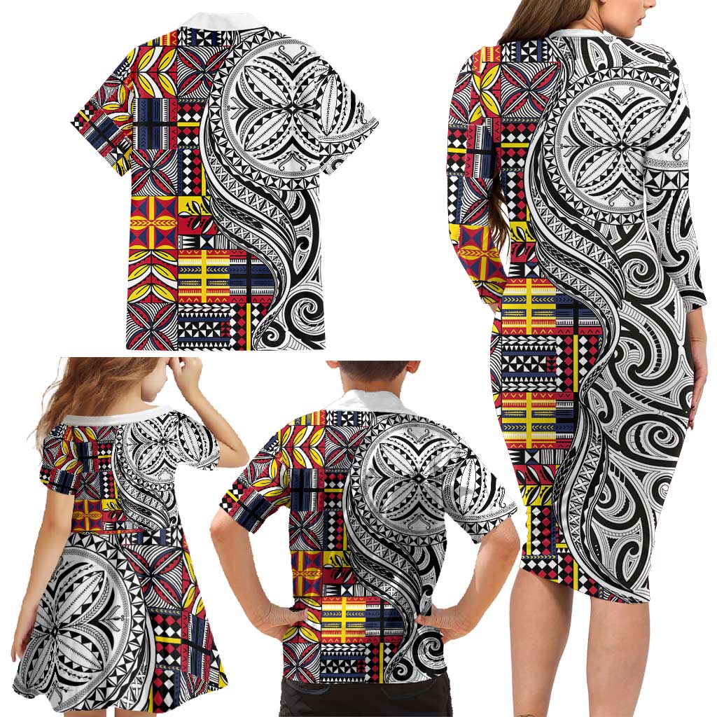 Niue Hiapo and Maori Decoration Tattoos Family Matching Long Sleeve Bodycon Dress and Hawaiian Shirt LT03 - Polynesian Pride