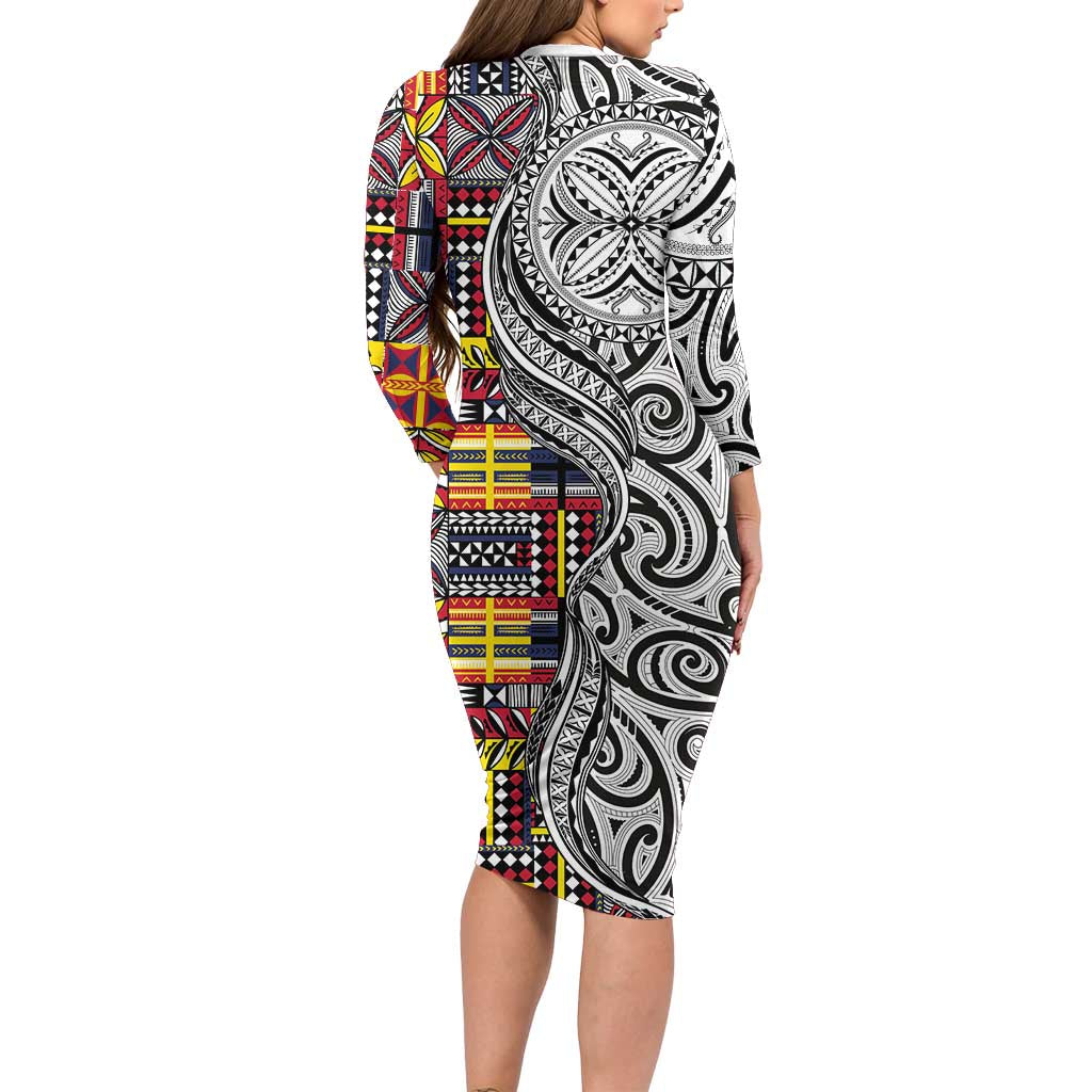 Niue Hiapo and Maori Decoration Tattoos Family Matching Long Sleeve Bodycon Dress and Hawaiian Shirt LT03 - Polynesian Pride