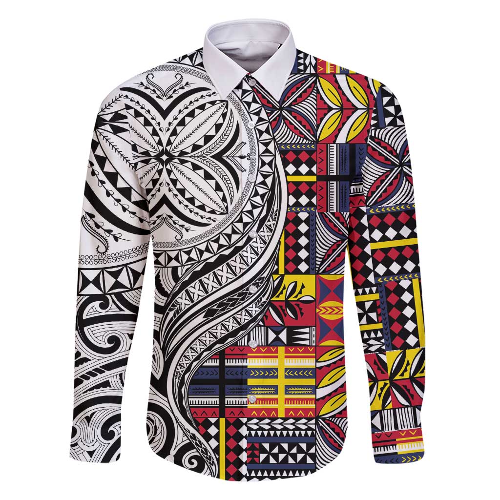 Niue Hiapo and Maori Decoration Tattoos Family Matching Mermaid Dress and Hawaiian Shirt LT03 Dad's Shirt - Long Sleeve White - Polynesian Pride