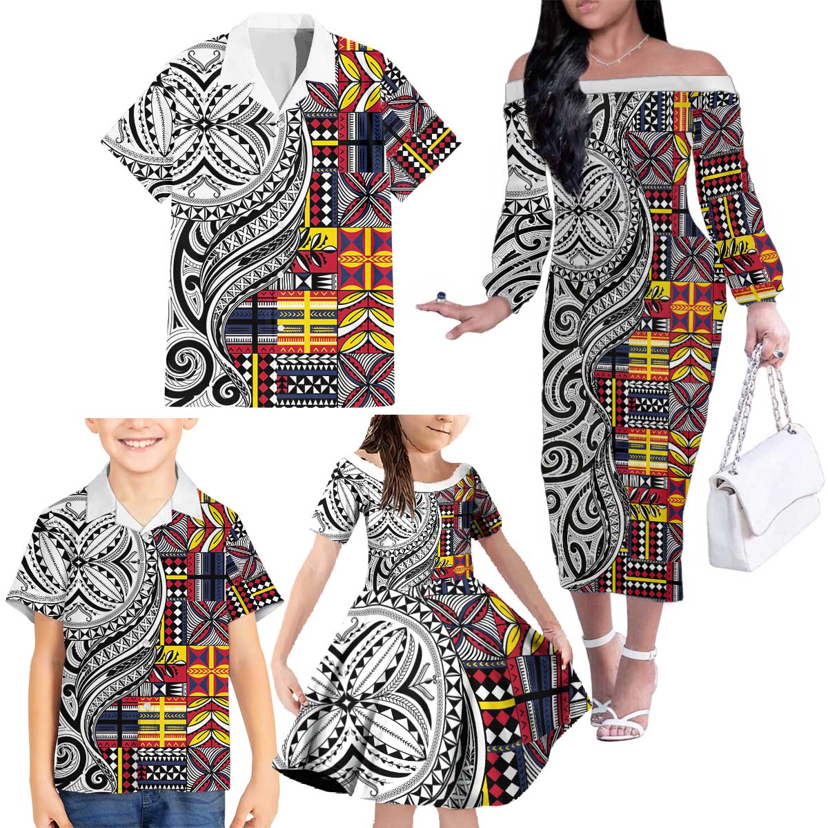 Niue Hiapo and Maori Decoration Tattoos Family Matching Off The Shoulder Long Sleeve Dress and Hawaiian Shirt LT03 - Polynesian Pride