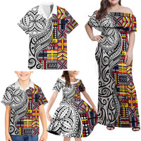 Niue Hiapo and Maori Decoration Tattoos Family Matching Off Shoulder Maxi Dress and Hawaiian Shirt LT03 - Polynesian Pride