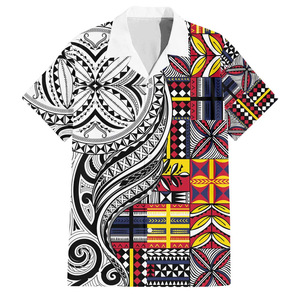 Niue Hiapo and Maori Decoration Tattoos Family Matching Off Shoulder Maxi Dress and Hawaiian Shirt LT03 Dad's Shirt - Short Sleeve White - Polynesian Pride