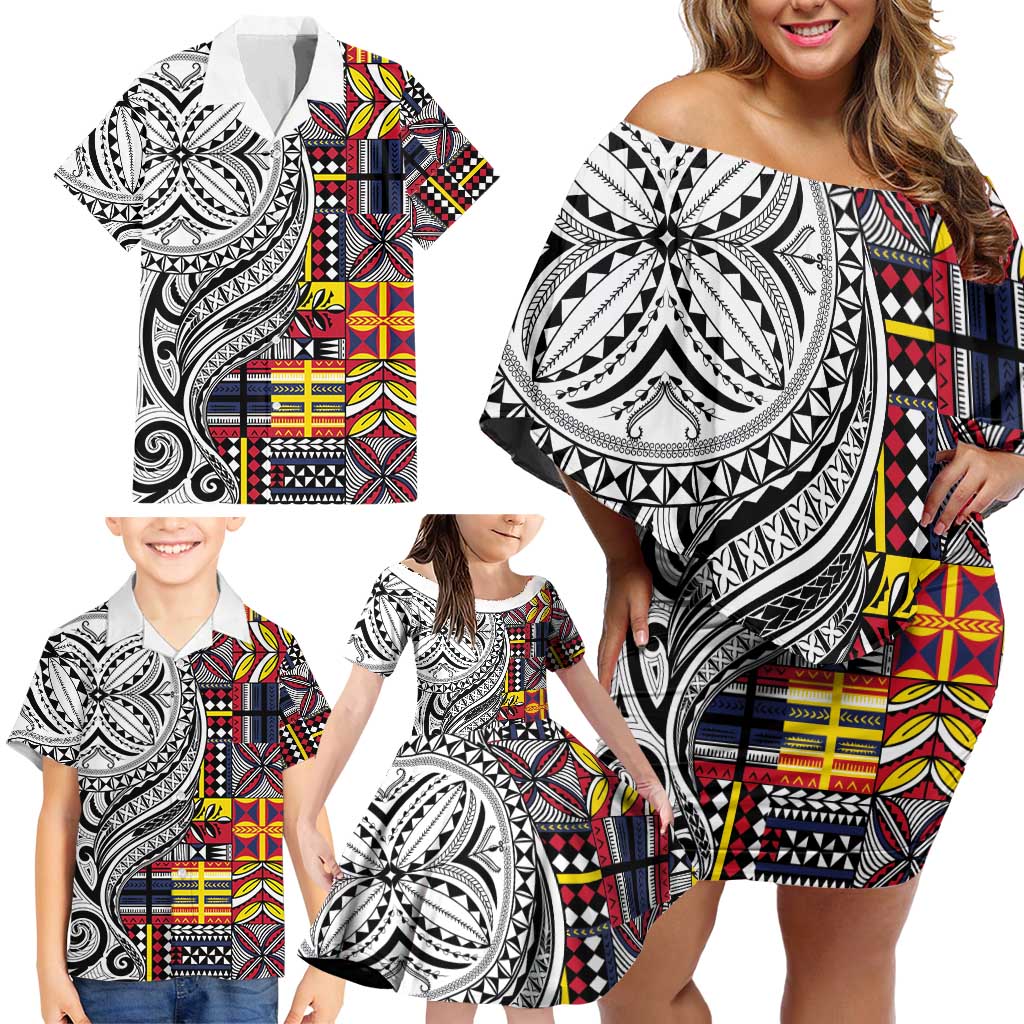 Niue Hiapo and Maori Decoration Tattoos Family Matching Off Shoulder Short Dress and Hawaiian Shirt LT03 - Polynesian Pride