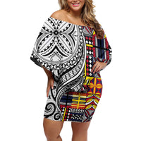 Niue Hiapo and Maori Decoration Tattoos Family Matching Off Shoulder Short Dress and Hawaiian Shirt LT03 Mom's Dress White - Polynesian Pride