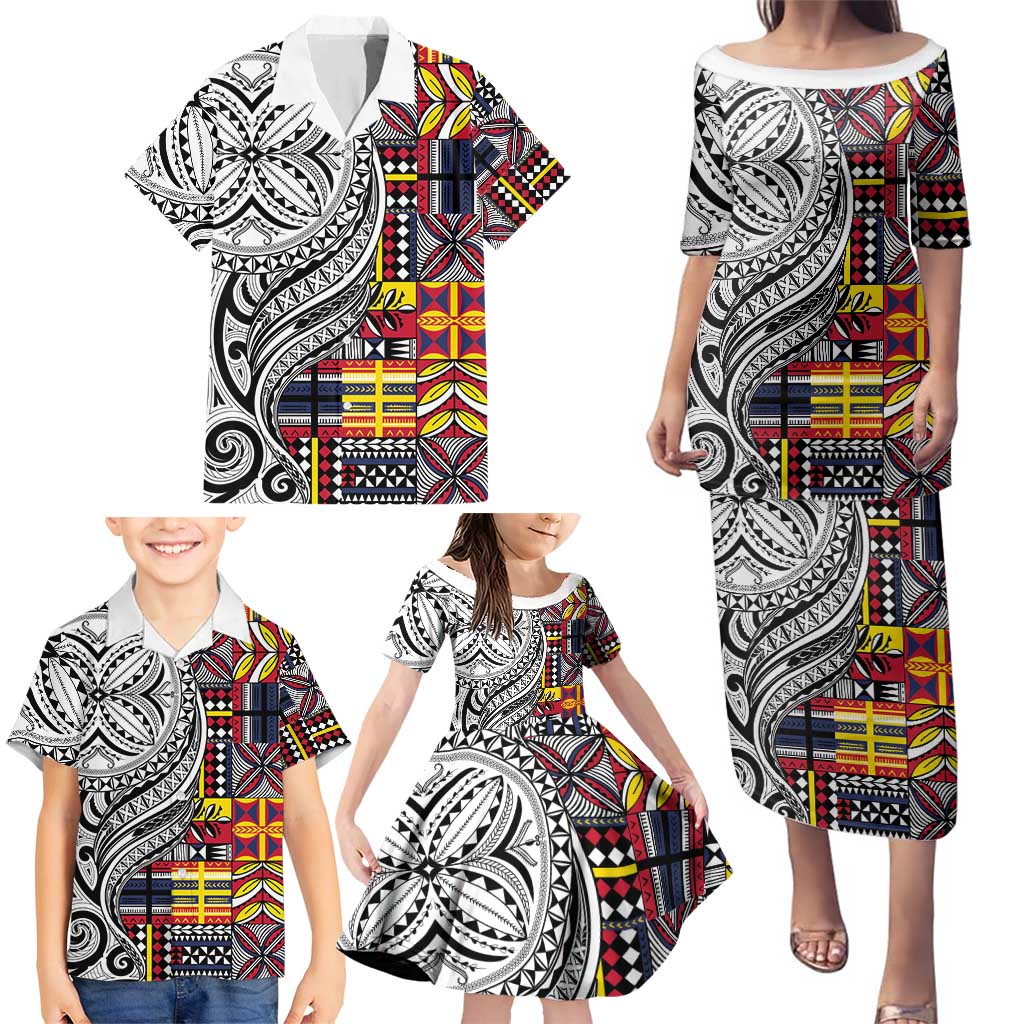 Niue Hiapo and Maori Decoration Tattoos Family Matching Puletasi and Hawaiian Shirt LT03 - Polynesian Pride