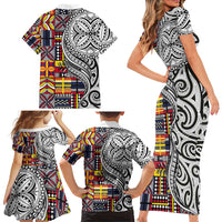 Niue Hiapo and Maori Decoration Tattoos Family Matching Short Sleeve Bodycon Dress and Hawaiian Shirt LT03 - Polynesian Pride