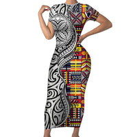 Niue Hiapo and Maori Decoration Tattoos Family Matching Short Sleeve Bodycon Dress and Hawaiian Shirt LT03 Mom's Dress White - Polynesian Pride