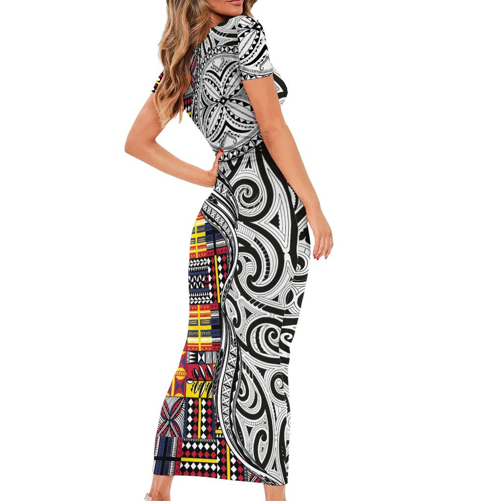 Niue Hiapo and Maori Decoration Tattoos Family Matching Short Sleeve Bodycon Dress and Hawaiian Shirt LT03 - Polynesian Pride