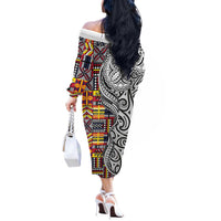 Niue Hiapo and Maori Decoration Tattoos Off The Shoulder Long Sleeve Dress LT03 - Polynesian Pride