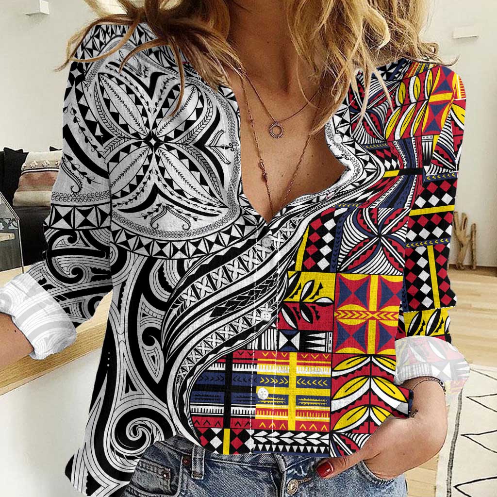 Niue Hiapo and Maori Decoration Tattoos Women Casual Shirt LT03 Female White - Polynesian Pride