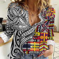 Niue Hiapo and Maori Decoration Tattoos Women Casual Shirt LT03 Female White - Polynesian Pride