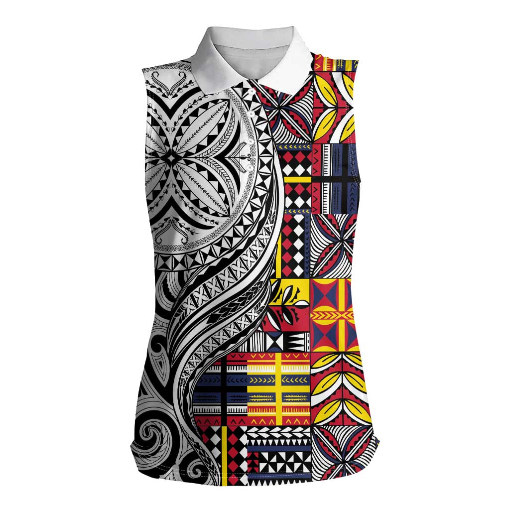 Niue Hiapo and Maori Decoration Tattoos Women Sleeveless Polo Shirt LT03 Female White - Polynesian Pride