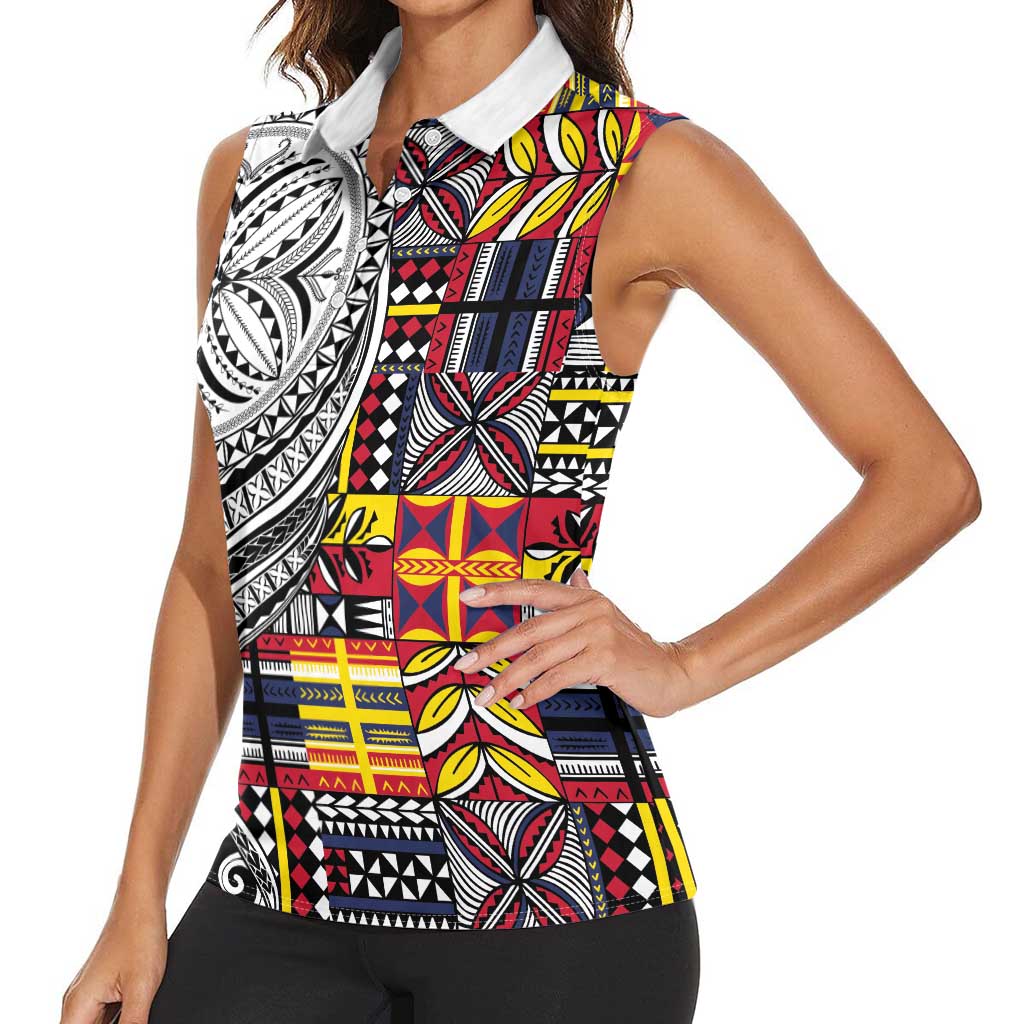 Niue Hiapo and Maori Decoration Tattoos Women Sleeveless Polo Shirt LT03 - Polynesian Pride