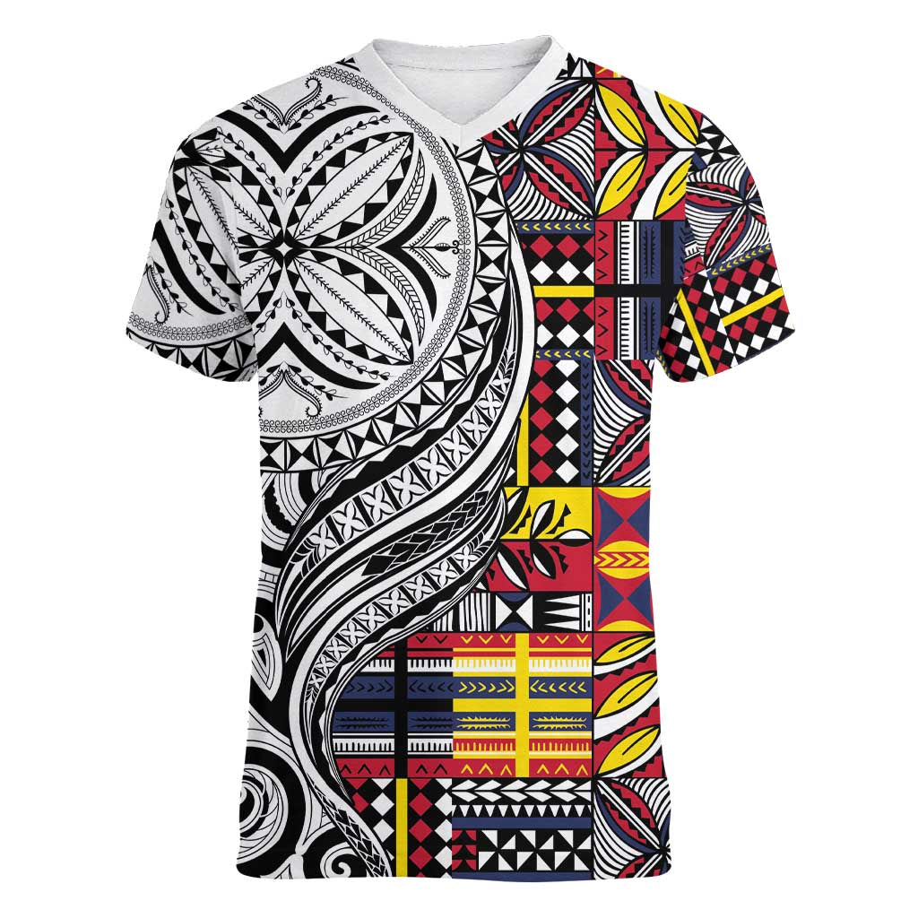 Niue Hiapo and Maori Decoration Tattoos Women V-Neck T-Shirt LT03 Female White - Polynesian Pride