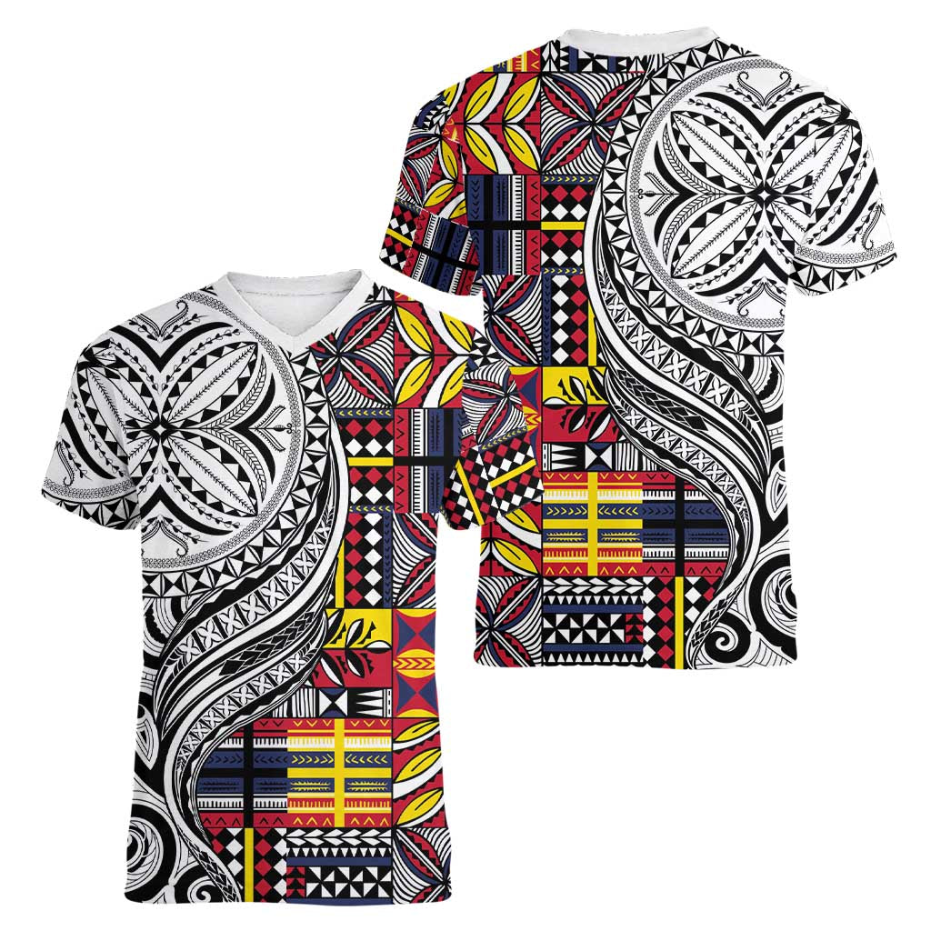 Niue Hiapo and Maori Decoration Tattoos Women V-Neck T-Shirt LT03 - Polynesian Pride